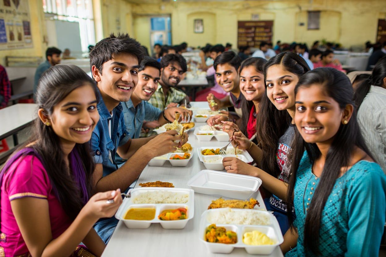 students eating food in college mess